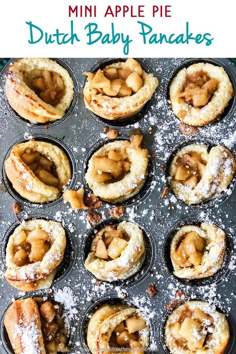 These Mini Apple Pie Dutch Baby Pancakes are a fun and delicious take on a classic Dutch Baby Pancake.  Made into individual portions and served with a heaping scoop of homemade apple pie filling, these are brunch perfection. Mini Dutch Baby Pancakes, Apple Pie Dutch, Apple Dutch Baby, Dutch Breakfast, Dutch Baby Pancakes, Apple Pie Pancakes, Mini Apple Pie, Dutch Babies, Dutch Cuisine