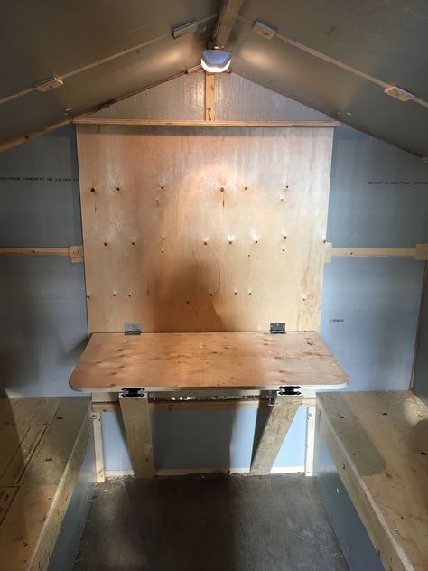 Fold down table in my ice shack Ice Shack Interior Ideas, Ice Fishing Shack Interior Ideas, Ice Shack Interior, Ice Fishing Shack Ideas, Ice Shanty Interior, House Floor Ideas, Portable Fish House, Ice Castle Fish House, Ice Fishing Shack Plans