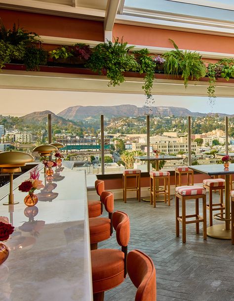 Bar Lis | Thompson Hollywood, Los Angeles Soho House Los Angeles, Rooftop Bar Los Angeles, Los Angeles Restaurants Aesthetic, Sunroom Aesthetic, Rooftop Bar Aesthetic, Los Angeles Rooftop, Brunch Los Angeles, Bachelorette Aesthetic, Los Angeles Bars