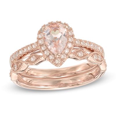 Precious Bride Pear-Shaped Morganite and 1/4 CT. T.W. Diamond Frame Vintage-Style Bridal Set in 14K Rose Gol Jewellery Shops, Antique Engagement Ring, Diamond Frame, Bridesmaid Jewelry Sets, Diamond Bridal Sets, Jewellery Gold, Vintage Engagement, Bridal Jewelry Sets, Gemstone Engagement Rings