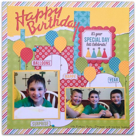 I have the privilege of being a guest designer for Jillibean Soup this month and they sent me Souper Celebration to create with.  I have al... Birthday Scrapbook Ideas, Birthday Scrapbook Layouts, Birthday Scrapbook Pages, Boy Scrapbook Layouts, Paper Balloon, Simple Scrapbook, Scrapbook Layout Sketches, Birthday Scrapbook, Kids Scrapbook