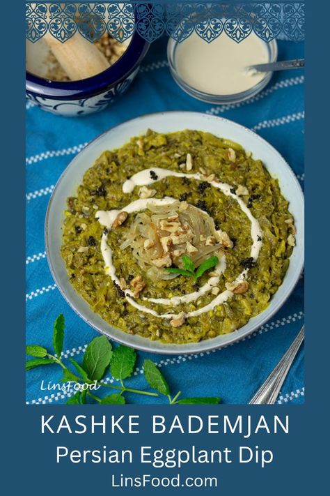 Persian eggplant dip, kashke bademjan, in a blue plate with kashk and onion garnish Kashke Bademjan Recipe, Bademjan Recipe, Kashke Bademjan, Persian Eggplant, Persian Dishes, Eggplant Dip, Party Dip, Blue Plate, Savoury Recipes