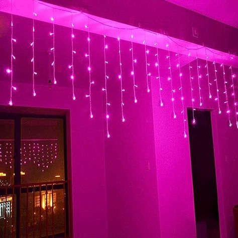 Pink Fairy Lights, Pink Christmas Lights, Patio Wedding, Outdoor Fairy Lights, Curtain String Lights, Drop Lights, Pink Fairy, Rose Violette, Icicle Lights