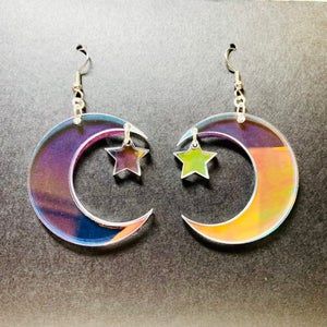 Earrings Weird, Iridescent Acrylic, Laser Cut Jewelry, Moon And Star Earrings, Laser Cut Earrings, Crescent Moon Earrings, Acrylic Jewellery, Laser Cut Acrylic, Rainbow Earrings