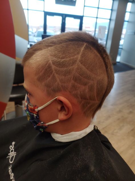 Spider web shaved design in side of haircut Side Shave Design Men, Boys Halloween Hair, Spiderweb Haircut, Spiderweb Hair Design, Boys Haircut With Design On Side, Spider Web Hair Design, Side Shave Design, Hair Designs For Boys, Boys Haircuts With Designs