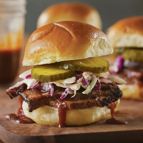 BBQ Beef Brisket Sliders with Coleslaw Recipe - Instacart Beef Brisket Sliders, Brisket Sliders, Bbq Beef Brisket, Bbq Meats, Hawaiian Roll Sliders, Creamy Coleslaw, Texas Bbq, Bbq Beef, Bbq Meat