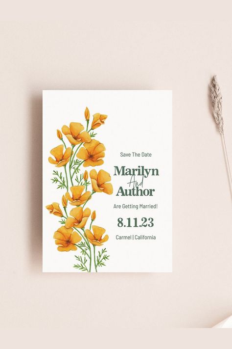 Retro style save the date template with hand painted watercolor poppies Save The Date Watercolor, Garden By The Sea, Orange Wedding Invitations, Watercolor Orange, Orange Poppies, Floral Save The Dates, Watercolor Poppies, Save The Date Template, Orange Poppy