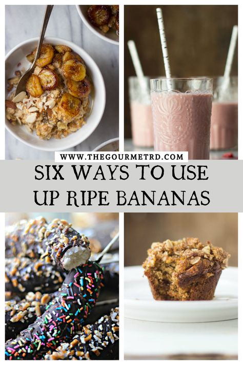 A collage of muffins, oatmeal, smoothies and frozen banana pops Ways To Use Ripe Bananas, Ripe Banana Recipes, Banana Crunch Muffins, Use Up Ripe Bananas, Use Ripe Bananas, Cashew Smoothie, Frozen Chocolate Bananas, Banana Recipes Overripe, Ripe Banana Recipe