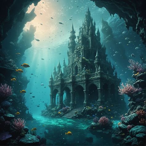 Underwater castle #castle #underwater #stuckinmotionsd Castle Underwater, Castle Fantasy Art, Underwater Castle, 4 Element, Shiva Photos, Fantasy Castle, Mermaid Art, Book Inspiration, Fantasy Books