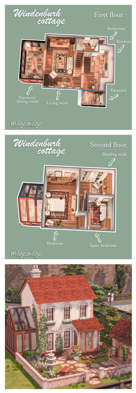 Floorplan Sims 4 Cottage Floorplan, The Sims 4 Houses Ideas Cottage, Sins 4 House Ideas, Sims 4 Cottage Living House Plan, Sims 4 Cottage House Plans, Sims 4 Blueprints, The Sims 4 Floor Plans, Cottage Living Homes Sims 4, Sims 4 Cute Cottage