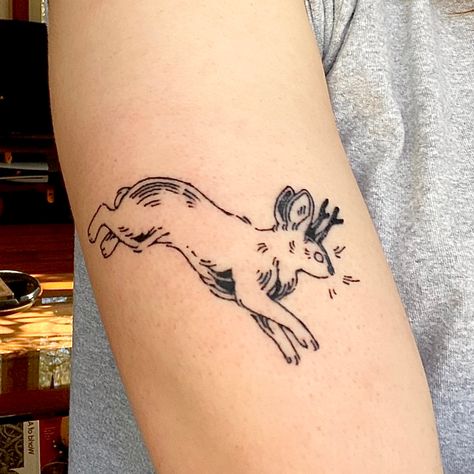 Line work tattoo of a jackalope Jackalope Fursona, Seville Tattoo, Jack Rabbit Tattoo, Classic Style Tattoo, Tattoo Rabbit, Jackalope Tattoo, Rabbit Tattoo, Funky Tattoos, Clown Tattoo