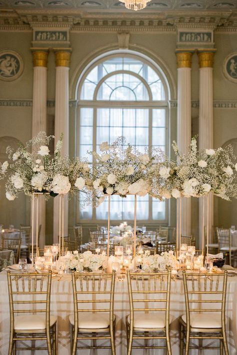 Kim Hymes, and Atlanta wedding photographer photographed this breathtakingly opulent wedding reception at the Bitmore Ballrooms in Atlanta GA. This elegant wedding reception featured gold and white decor with white wedding flowers. Save this photo if you are looking for tall wedding centrepiece ideas or gold and white wedding decor inspiration! Wedding Reception Ideas Indoor Elegant, Wedding Reception Ideas Indoor, Wedding Centrepiece Ideas, Gold And White Decor, Luxury Event Decor, Gold And White Wedding, Centrepiece Ideas, Ballroom Wedding Reception, White Wedding Arch