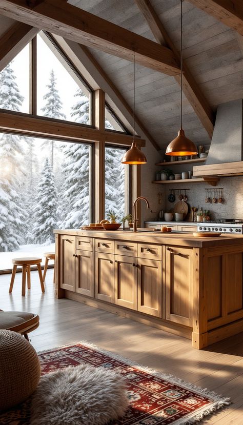 Wood Shelf In Kitchen, Chalet Style Kitchen, Swiss Chalet Kitchen, Nordic Cabin Kitchen, Alpine Cabin Interior Design, Colorado Kitchen Design, Bright Cabin Interior, Norwegian Cabin Interior, Rustic Modern Cabin Interior