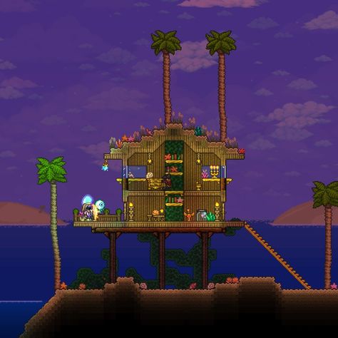 Beach House Terraria, Terraria Beach House, Terraria Houses, Terraria House Ideas, Terraria House Design, Terraria House, Terraria Builds, Small Beach Houses, Jungle House