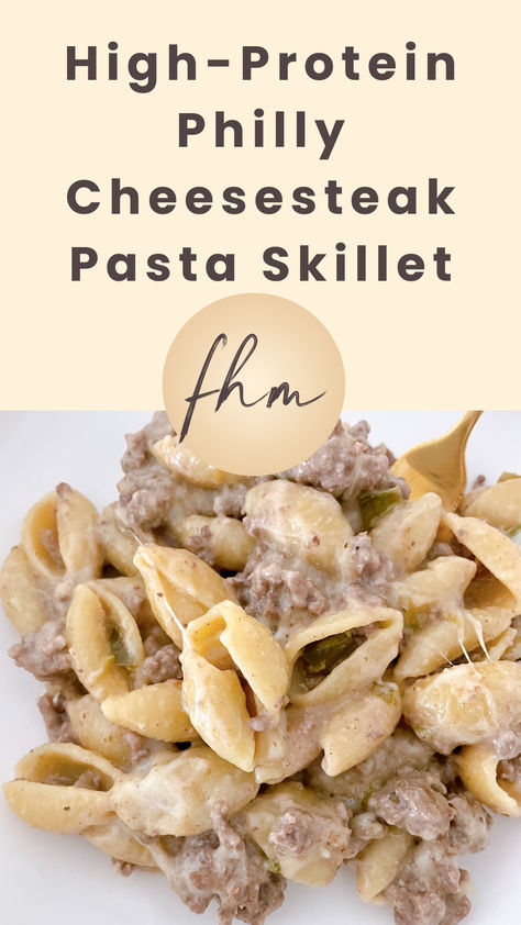 Creamy, cheesy, and reminiscent of a classic Philly Cheesesteak, this simple pasta skillet is a hit with the whole family! Chicken Cheesesteak Pasta, High Protein Philly Cheesesteak Bowl, Fast Protein Dinner, Carb Heavy Meals, Healthy High Protein Family Dinners, Best Protein Recipes, Creamy Protein Pasta, Bariatric Lunch Ideas For Work, Cheap Easy High Protein Meals