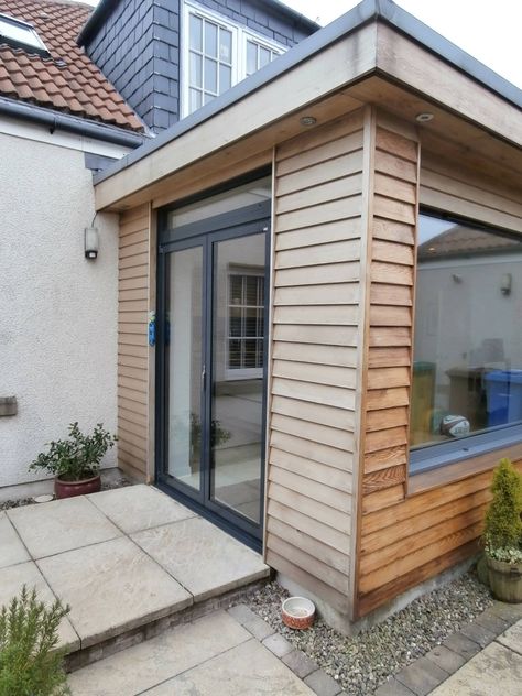 Extension Veranda, Frame Installation, Flat Roof Extension, Installation Ideas, Garden Room Extensions, Wooden Cladding, Trendy Door, Bi Fold Door, Room Extensions