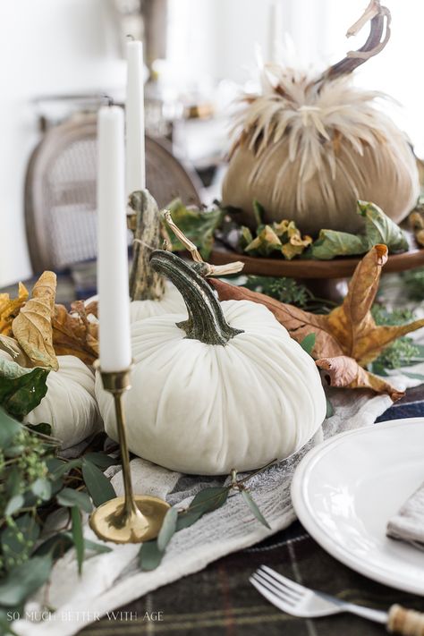 Velvet Pumpkin Centrepiece/fall tables cape - So Much Better With Age Pumpkin Tablescape, Thanksgiving Dinner Table Decorations, Fall Pumpkin Centerpieces, Fall Pumpkin Decor, Vintage Thanksgiving, Thanksgiving Table Settings, Pumpkin Centerpieces, Fall Tablescapes, Fall Apples