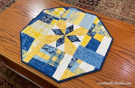 For a great scrap busting table topper that shows off a signature block, try this pattern from Create with Claudia.  It is easy to make and is a unique addition to any home décor. To make one you need … Read More... Table Topper Quilt Patterns, Pineapple Quilt Block, Octagonal Table, Quilting Methods, Jeans Crafts, American Patchwork And Quilting, Table Topper Patterns, Crumb Quilt, Pineapple Quilt