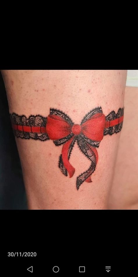 Thigh Garter Tattoo Simple, Hips Tattoo, Bow Tie Tattoo, Lace Garter Tattoos, Thigh Garter Tattoo, Bow Tattoos, Butterfly Tattoos Images, Bow Tattoo Designs, Garter Tattoo