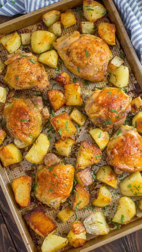 Chicken and Potatoes is a very easy, one sheet pan dinner made with just 5 ingredients. The Ranch seasoning adds flavor to the crispy chicken and potatoes. #sheetpandinner #onepandinner #chickenrecipes #chickendinner #chickenandpotatoes #sweetandsavorymeals #easyrecipe Potatoe Dinner Recipes, Chicken Breast Crockpot Recipes, Chicken Shawarma Recipe, Roasted Chicken And Potatoes, Resep Salad, Chicken And Potatoes, Easy Chicken Breast, Roasted Chicken Thighs, Ground Chicken Recipes