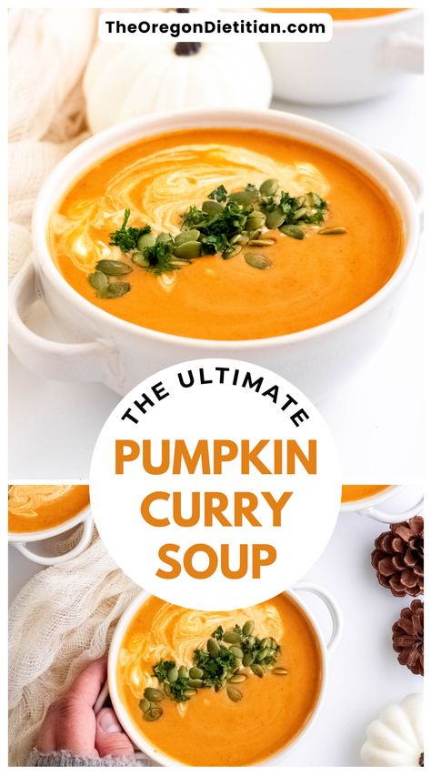 Are you looking for a warming winter soup recipe? Try my Pumpkin Curry Soup, it's quick and easy, indulgently creamy, and naturally vegetarian. You can’t beat my Thai-inspired Pumpkin Curry Soup made with coconut milk and warming curry flavors. With zero chopping, this easy soup recipe is ready in just 30 minutes making my curry pumpkin soup a lifesaver for busy weeknights. #easymeals #wintersouprecipes Coconut Milk And Pumpkin Recipes, Creamy Winter Soups, Pumpkin Soup Using Canned Pumpkin, Soup Made With Coconut Milk, Pumpkins Soup Recipes, Curry Pumpkin Soup Recipe, Curry Soup Crockpot, Curried Soup Recipes, Pumpkin Curry Soup Recipe