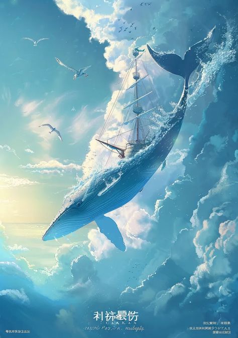 A blue whale is swimming in the sky above the clouds. It has a ship on its back ->> more details in ai-img-gen.com Whale Mural, Whale In The Sky, New Year Dance, Sky Whale, Surreal Scenes, Whale Art, Flock Of Birds, Moon Illustration, A Whale