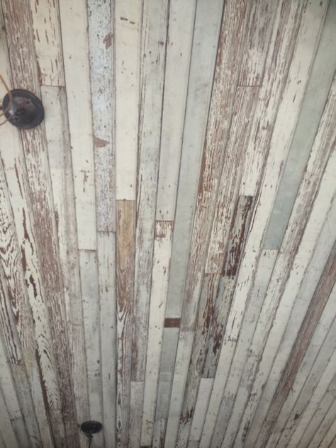 Distressed wood ceiling. Killer Distressed Wood Ceiling, Whitewash Wood Ceiling, Painted Wood Ceiling, Float Room, Pallet Ceiling, Painted Beams, Distressed Wood Wall, Bead Board Walls, Painting Shiplap