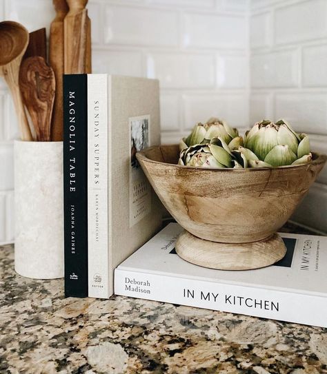 25 Kitchen Counter Decor Ideas That Will Elevate Your Space — Neutrally Nicole Kitchen Cabinet Shelf Decor, Bowl For Fruit On Counter, Kitchen Decor Cookbooks, Aesthetic Kitchen Island Decor, Fruit Bowl Display Kitchen Island, Kitchen Flower Arrangements Countertops, Large Kitchen Counter Decor Ideas, Counter Top Decoration Ideas, Tray On Kitchen Island