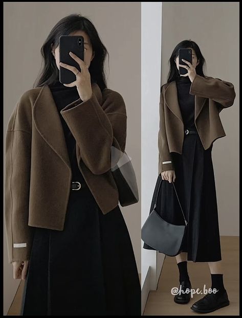 Korean Fashion For Women Over 40, Korean Winter Dress, Womens Tweed Jacket, Simple Style Outfits, Modest Fashion Outfits, Style Korean, Look Vintage, 가을 패션, Korean Outfits