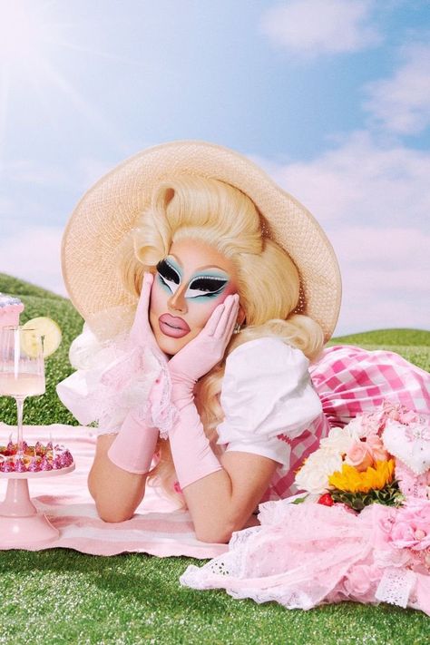 Trixie Mattel Poster, Trixie Mattel Photoshoot, Pinknic Aesthetic, Pink Picnic Aesthetic, Coquette Photoshoot, Trixie Katya, Queer History, Pink Picnic, Picnic Photography