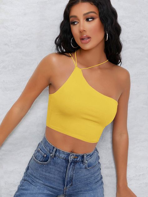 Yellow Casual  Sleeveless Polyester Plain  Embellished Slight Stretch Summer Women Tops, Blouses & Tee Yellow Crop Top Outfit, Solid Crop Top, Leather Tank Top, Yellow Crop Top, Fancy Tops, Crop Top Outfits, Simple Trendy Outfits, Gaming Clothes, Inspiration Mode