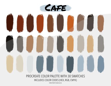 Procreate Color Palette | Cafe | Instant Download | Digital File | Color Swatches | Color Codes HEX RGB CMYK | Digital Art | iPad by FernPoint on Etsy Digital Art Ipad, Palette House, Procreate Color Palettes, Swatches Color, Procreate Color Palette, Color Palette Yellow, Color Palette Inspiration, Palette Design, Palette Inspiration