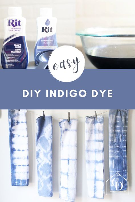 two bottles of RIT in shades of blue, bowl of indigo dye, and 5 examples of shibori textiles text: easy diy indigo dye recipe Shibori Diy, Ty Dye, Tie Dye Patterns Diy, Fabric Dyeing Techniques, Diy Tie Dye Shirts, Rit Dye, Tie Dye Crafts, Shibori Dye, Tie Dye Techniques