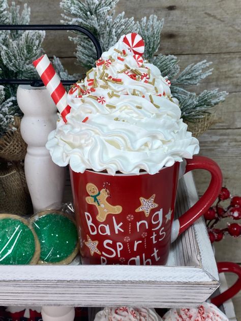 Gingerbread theme faux whipped cream mug topper Whipped Cream Tumbler Topper, How To Make Fake Whipped Cream Mug Toppers, Faux Hot Cocoa Mugs, Faux Whipped Cream Mug Topper Diy, Faux Whipped Cream Mug Topper Christmas, Faux Whipped Cream Mug Topper, Faux Whipped Cream, Mug Topper, Christmas Workshop