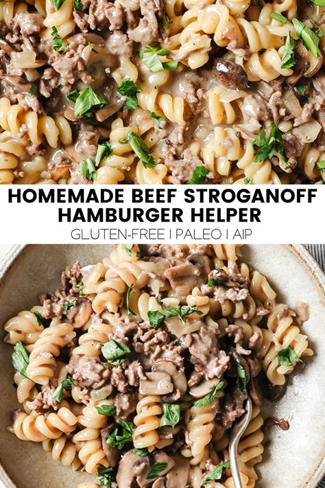 This homemade beef stroganoff hamburger helper is an easy and delicious one-pot meal that tastes like the real deal but healthier! Hamburger Skillet Meals, Beef Stroganoff Hamburger Helper, Beef Stroganoff Hamburger, Paleo Ground Beef Recipes, Hamburger Helper Stroganoff, Hamburger Helper Beef Stroganoff, Hamburger Skillet, Ground Beef Paleo Recipes, Aip Lunch