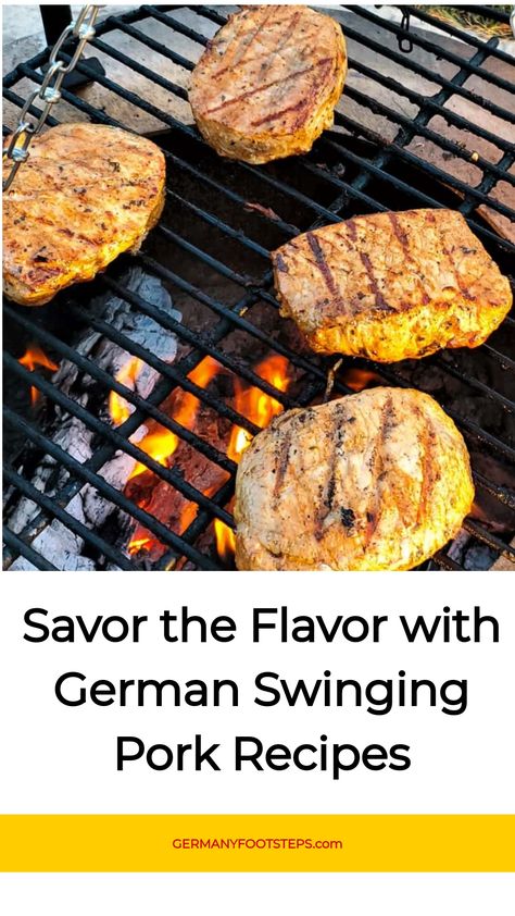 Four seasoned pork steaks grilling over an open flame on a barbecue. Schwenkbraten Recipe, Pork Schnitzel Recipe, Schnitzel Recipes, Pork Shoulder Recipes, Pork Knuckle, Pork Schnitzel, Pork Loin Roast, Heart Of Europe, Braised Pork