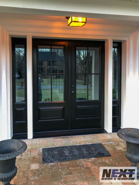 A brand new beauty in Highland Park! Shown here is a recently installed ProVia double door with sidelights. https://nextdoorandwindow.com/ Double Door With Side Windows, Double Doors With Side Lights, Half Glass Double Front Door, Double Entry Doors With Sidelights, Double Door With Sidelights, Double Front Entry Doors With Sidelights, Double Front Doors With Side Lights, Orchard Entrance, Double Front Doors With Glass Panels