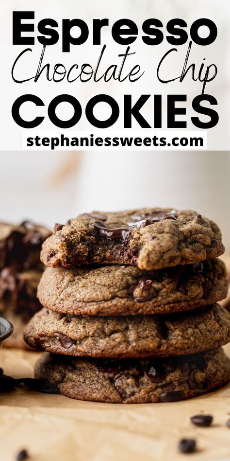 These espresso chocolate chip cookies are the best. They are chewy cookies with crisp edges. They are made with brown butter and have a light coffee flavor mixed with chocolate chips. Chocolate Chip Cookie Flavors, Chocolate Chip Cookies Flavors, Espresso Chip Cookies Recipe, Expresso Chocolate Cookies, Brown Butter Espresso Chocolate Chip Cookies, Espresso Cookie Recipes, Chocolate Chip Espresso Cookies, Gluten Free Coffee Cookies, Chocolate Chip Coffee Cookies