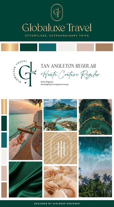 Professional and Luxurious Emerald Green, Metallic Gold, Teal, Warm Neutrals, and Blush Branding for Luxury Travel Advisor | Globaluxe Travel - Girlboss Designer Emerald Green Matching Color, Emerald Green Branding Color Palette, Green Gold Branding, Luxury Colour Palette Branding, Blush Branding, Emerald Branding, Green And Gold Color Palette, Glam Garden, Dragon Tamer