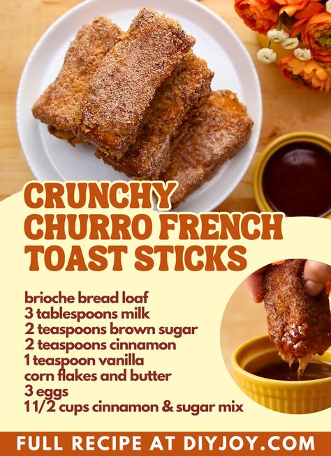 Churro Cinnamon Sugar French Toast, Churro French Toast Sticks, Crunchy French Toast, Cinnamon Sugar French Toast, Churro French Toast, Brioche French Toast, Churros Recipe, French Toast Sticks, Bread Dip