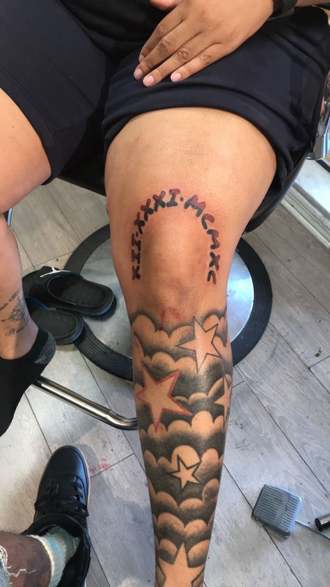 Cloud Leg Tattoo Men, Leg Cloud Tattoo, Half Sleeve Cloud Tattoos For Men, Cloud Arm Tattoo Half Sleeves, Cloud And Stars Tattoo, Cross And Clouds Tattoo, Cross Leg Tattoo, Shin Tattoo Men, Tattoo Cursive