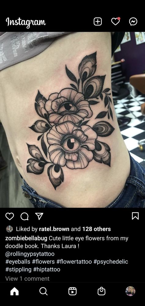 Flowers With Eyeballs Tattoo, Flower With Eyeball Tattoo, Eye Floral Tattoo, Flower Eyeball Tattoo, Halloween Floral Tattoo, Creepy Flower Tattoos, Flower With Eyeball, Eyeball Flower Tattoo, Spooky Flower Tattoo