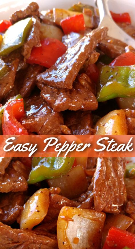 Pepper Steak! A super easy dinner recipe with Asian flare made from stir-fried beef, fresh bell peppers and onions served over rice. Pepper Steak Recipe Easy, Peper Steak, Pepper Steak And Onions, Beef And Peppers, Steak Stirfry Recipes, Crockpot Pepper Steak, Southern Foods, Beef Tip Recipes, Gallbladder Diet