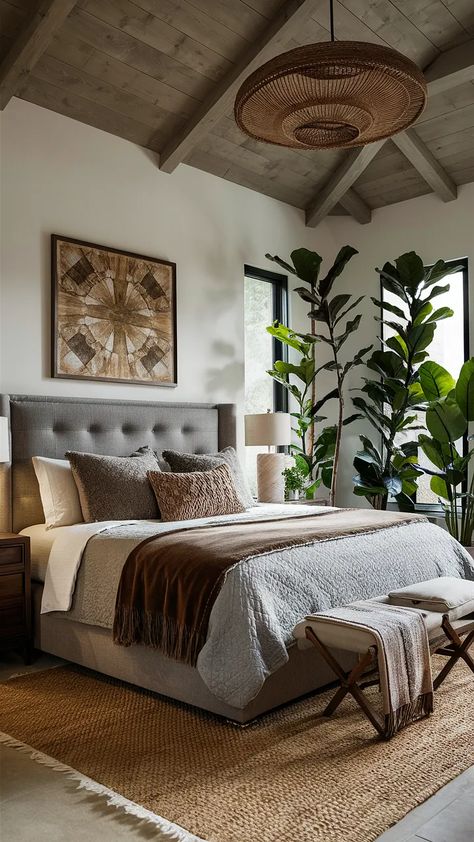 Earthy Bedroom Ideas! 25+ Calming Earthy Bedroom Ideas... Green Brown Grey Bedroom, Earthy Neutral Bedroom, Warm Earthy Bedroom, King Bedroom Ideas, Earthy Bedroom Ideas, Earth Tone Bedroom, Hippy Bedroom, Reclaimed Wood Bed Frame, Earthy Decor