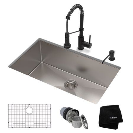 Kraus Kitchen Set with Standart Proâ¢ Stainless Steel Farmhouse Kitchen Sink and Boldenâ¢ Commercial Pull-Down Kitchen Faucet in Matte Black 30 Inch Kitchen Sink, Matte Black Kitchen Sink, Soap Dispenser Kitchen Sink, Kitchen Styling Modern, Matte Black Kitchen, Black Kitchen Sink, Black Faucet, Bowl Kitchen Sink, Steel Kitchen Sink