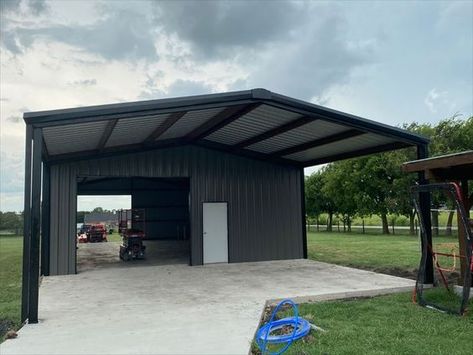 Metal Carport With Storage Room, Metal Gym Building, Metal Garage With Lean To, Barndominium Carport, Awning Garage, Metal Garage Kits, Metal Shops, Metal Storage Buildings, Custom Metal Buildings