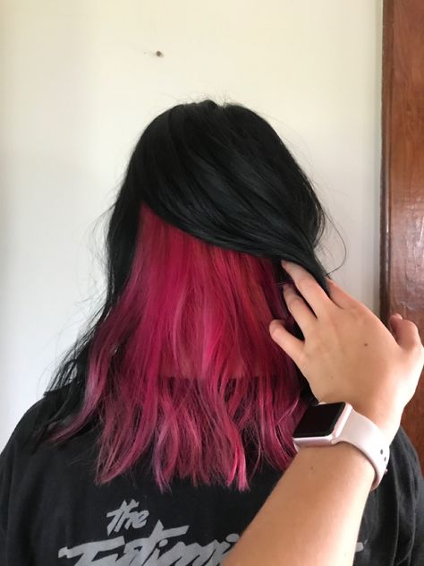 Pink Hair With Black Underneath, Black With Color Hair, Hot Pink Underneath Hair, Pink Underneath Hair, Under Hair Dye, Underdye Hair, Under Hair Color, Hidden Hair Color, Pink Hair Dye