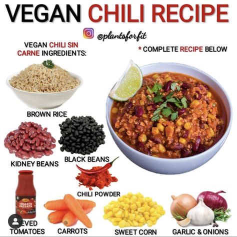 Vegan Chili Recipe, Chili Sin Carne, Vegetarian Meal Plan, Plant Based Diet Recipes, Vegan Chili, Idee Pasto, Vegan Nutrition, Vegan Meal Plans, Tasty Vegetarian Recipes