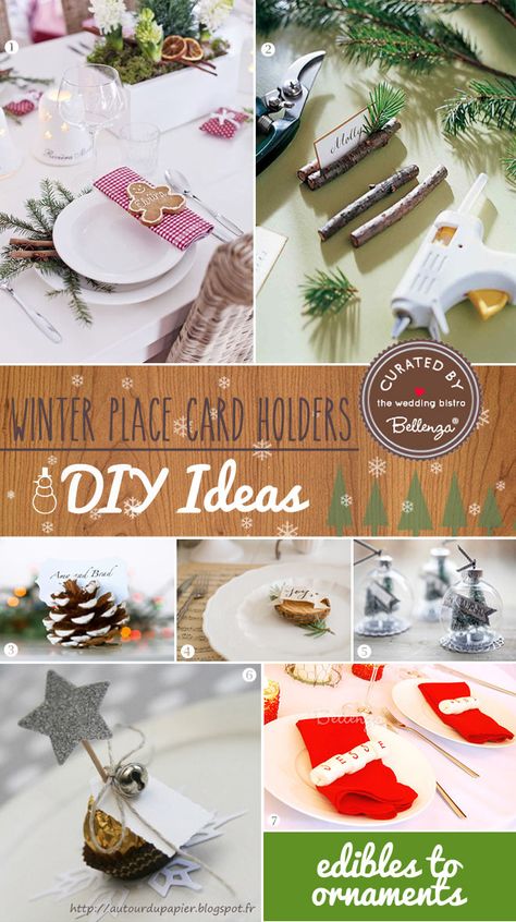 Take your seats with these 14 stylish place card ideas for a winter wedding. #winterweddings #winterweddingideas #winterplacecardholders #winterescortcards: http://www.bellenza.com/wedding-ideas/decorate/12-winter-wedding-place-card-ideas-diy-buy.html Christmas Placecards Ideas, Diy Christmas Name Place Cards, Christmas Place Settings Diy, Christmas Place Cards Diy, Wedding Place Card Ideas, Place Card Ideas, Winter Favors, Fun Wedding Ideas, Diy Place Cards