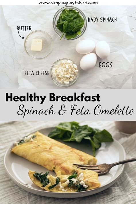 Healthy Breakfast - Spinach & Feta Omelette Pinterest Image Feta Omelette Recipe, Feta Omelette, 10 Minute Breakfast, Healthy Omelette, Omlet Recipes, Omelette Recipe Easy, Spinach Breakfast, Light Breakfast, Spinach Feta